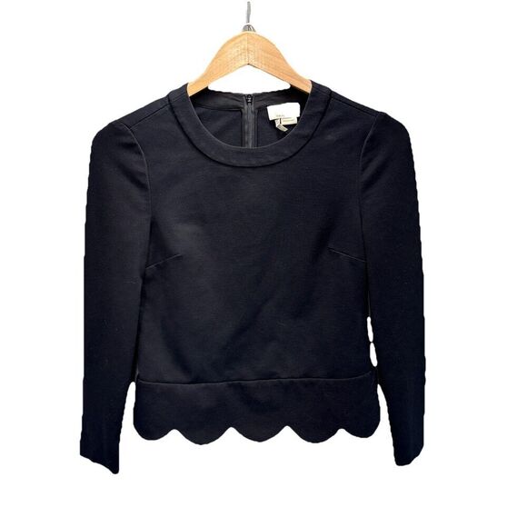 Kate Spade Black Ponte Knit Top 00 Long Sleeve Scallop Hem Zip Back Minimalist - Picture 2 of 12